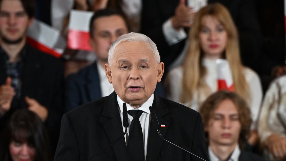 KRAKOW, POLAND - NOVEMBER 24:Jaroslaw Kaczynski, leader of the opposition Law and Justice party, addresses the crowd during the nomination of Karol Nawrocki as the party's candidate for the 2025 presidential election, on November 24, 2024, in Krakow, Poland.The announcement came one day after the governing Civic Platform party nominated Rafal Trzaskowski as its candidate in the primaries. (Photo by Artur Widak/NurPhoto via Getty Images)