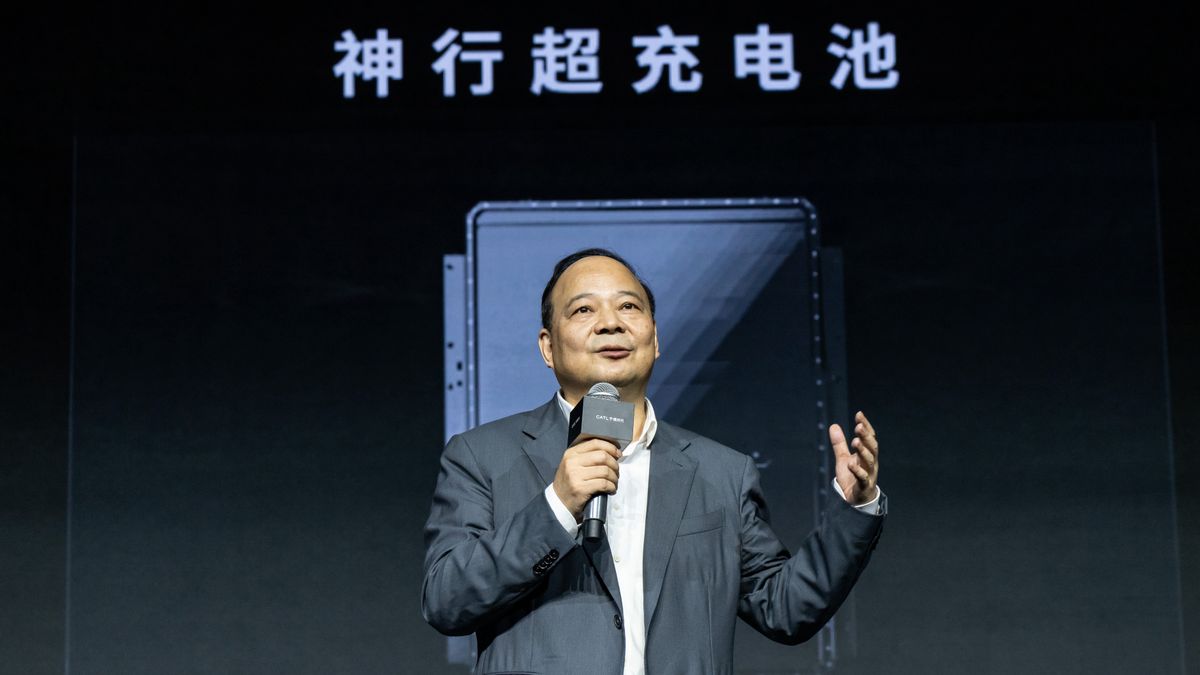 Robin Zeng, founder and chairman of Contemporary Amperex Technology Co Ltd., on stage during the company's Tech Day event in Shanghai, China, on Monday, April 21, 2025. CATL, the world's biggest producer of batteries for electric vehicles, unveiled the latest versions of its cells, playing up the durability and range of its products as the perceived limits of EVs still stop many consumers from making the switch. Photographer: Qilai Shen/Bloomberg via Getty Images