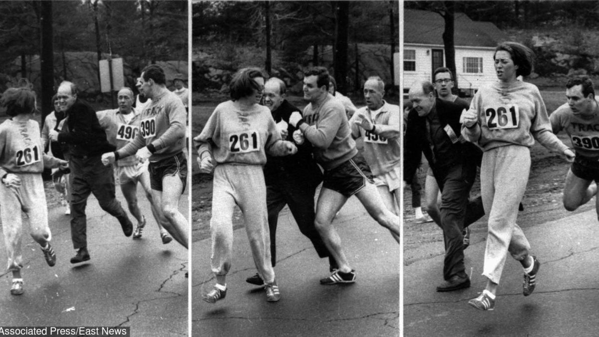 Kathrine Switzer (nr 261) atakowana przez Jocka Semple'a na trasie maratonu w Bostonie w 1967 r