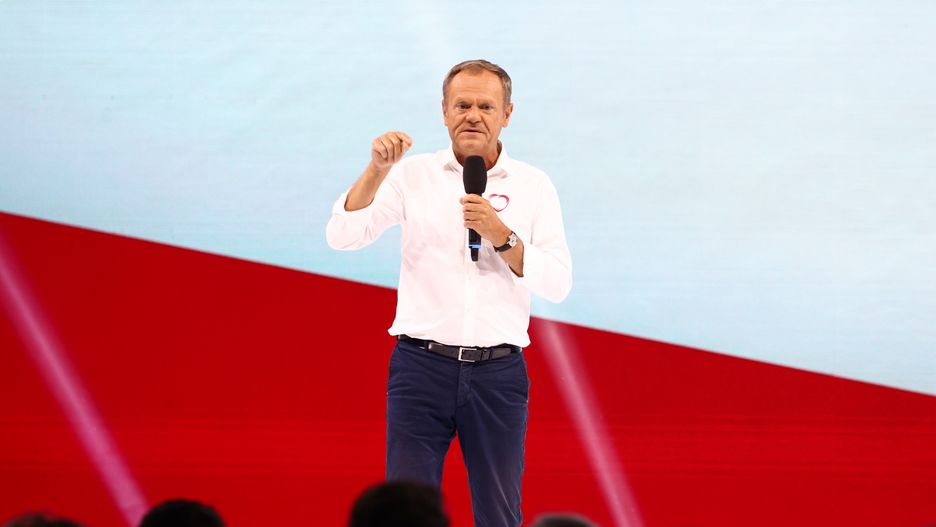 Donald Tusk, the leader of Civic Platform (PO) party speaks during Civic Coalition convention in Arena Jaskolka in Tarnow, Poland.  The meeting was held under the slogan '100 policies for 100 days''. Opposition politicians presented their programme for the first 100 days after winning the parliamentary elections, which will be held on October 15th this year in Poland.  (Photo by Beata Zawrzel/NurPhoto via Getty Images)