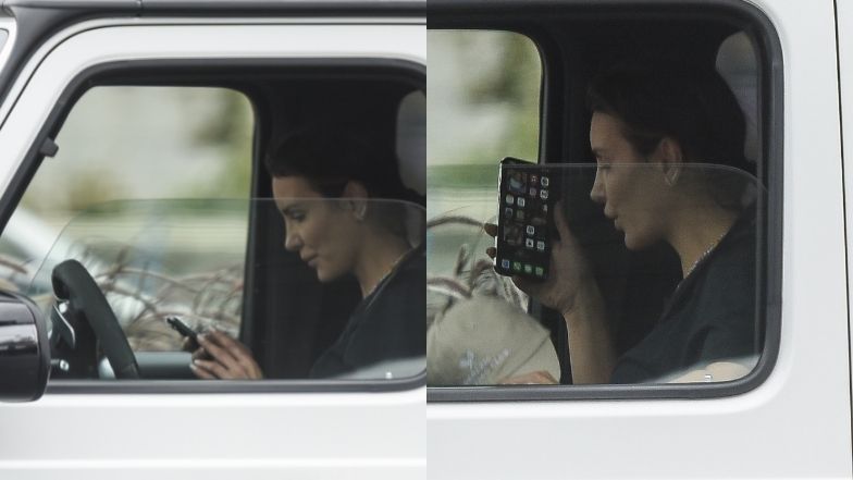 Sara Boruc gawędzi przez telefon za kierownicą mercedesa