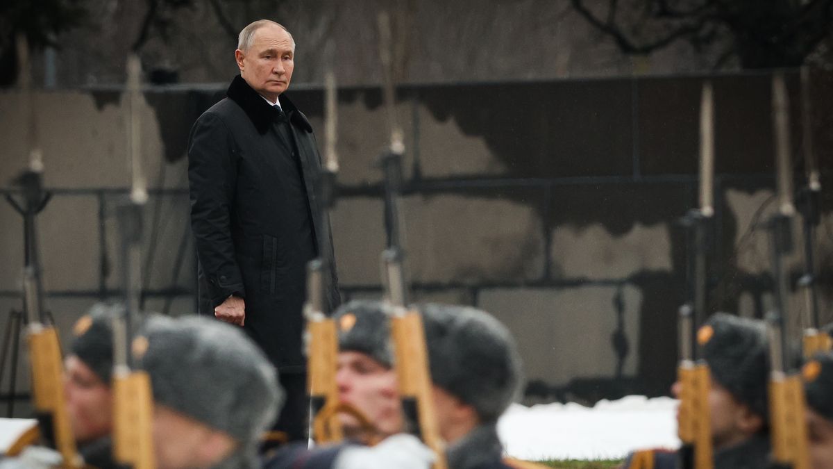 ST  PETERSBURG, RUSSIA - 2025/01/27: Russian President Vladimir Putin seen during the solemn mourning ceremony of laying flowers and wreaths at the "Mother Motherland" monument at the Piskarevskoye Memorial Cemetery. St. Petersburg celebrates an important historical date, 81 years since the complete liberation of Leningrad from the fascist blockade. (Photo by Artem Priakhin/SOPA Images/LightRocket via Getty Images)