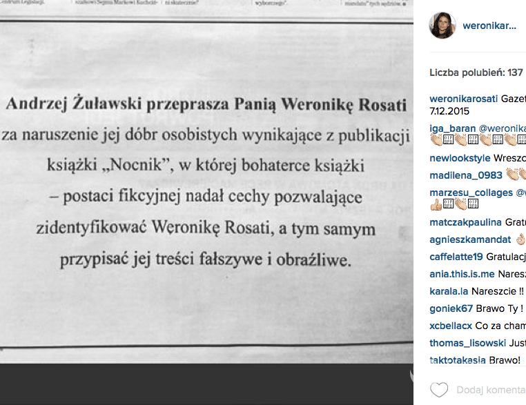 Andrzej Żuławski przeprosił Weronikę Rosati w Gazecie Wyborczej