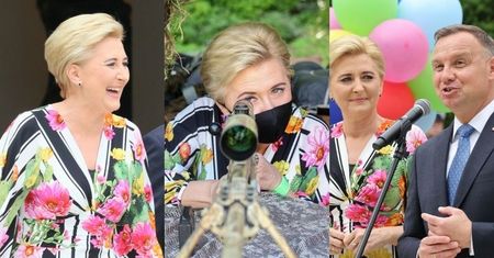 Pstrokata Agata Duda w towarzystwie męża promuje bezpieczne wakacje w sukni w kaktusy (ZDJĘCIA)