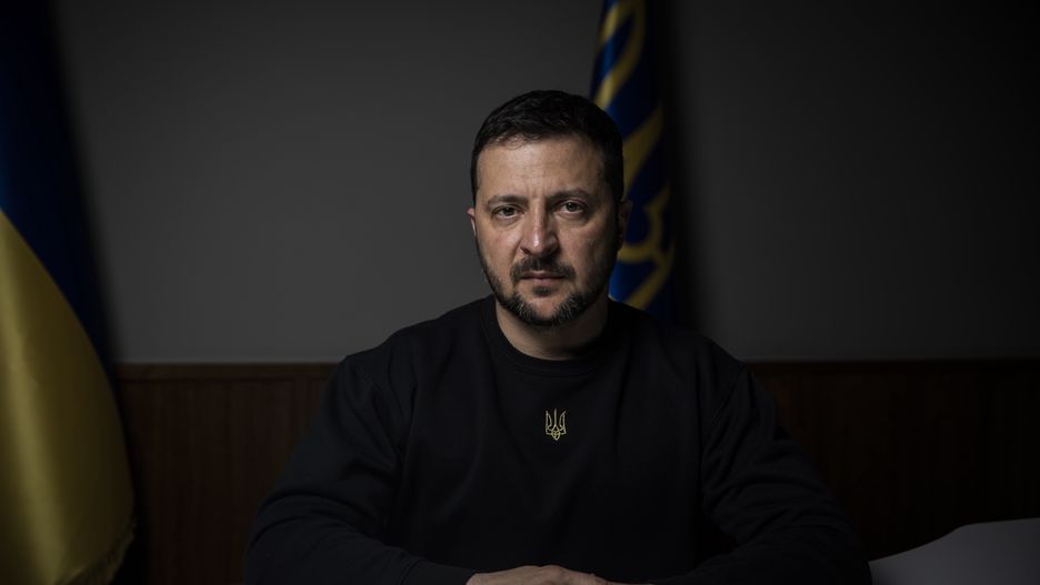 KYIV, UKRAINE - MAY 1: Ukrainian President Volodymyr Zelensky poses for a portrait after speaking to Washington Post journalists in a board room on May 1st 2023, in Kyiv, Ukraine. (Photos by Ed Ram/For The Washington Post via Getty Images)