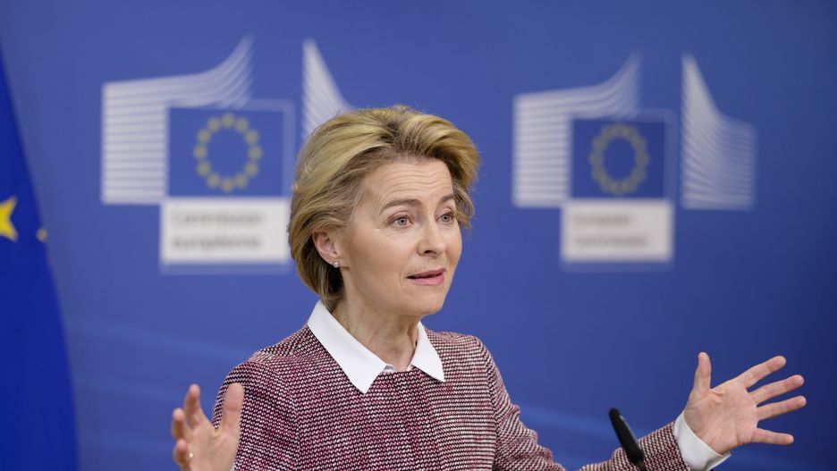 BRUSSELS, BELGIUM - FEBRUARY 19: European Commission President Ursula Von der Leyen gives a press conference on a new strategy on Europes Digital Future at the European Commission on February 19, 2020 in Brussels, Belgium. (Photo by Thierry Monasse/Getty Images)