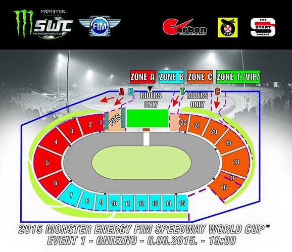 Schemat gnieźnieńskiego stadionu z podziałem na strefy (źródło: Facebook).