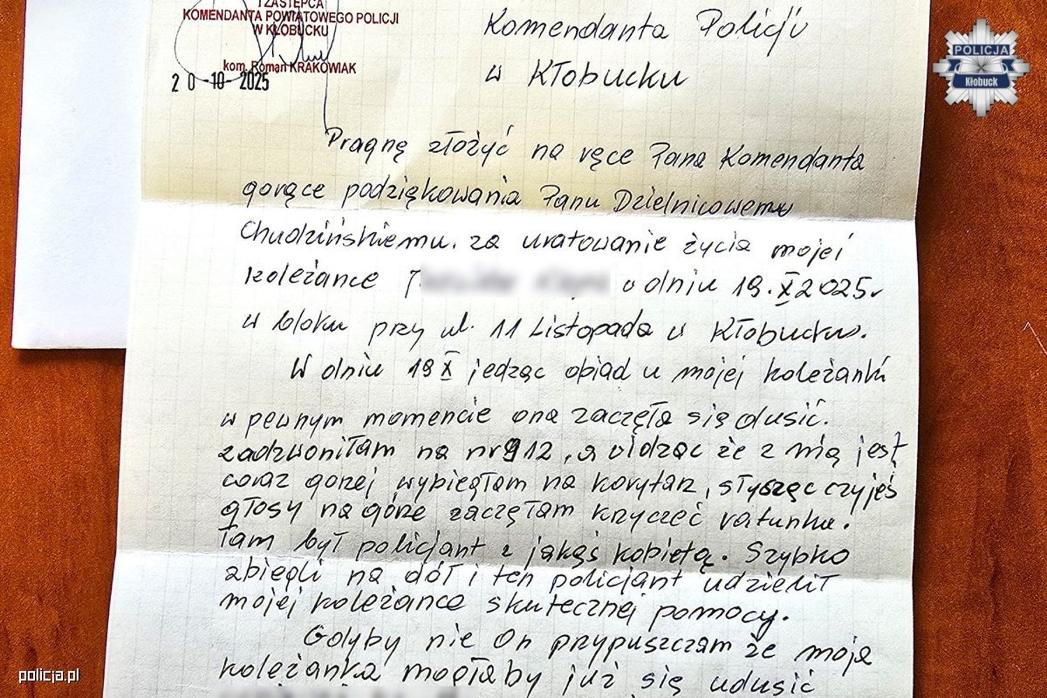 Na komendę policji trafił list od wdzięcznej kobiety
