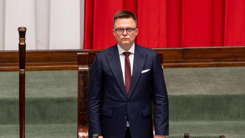 WARSAW, POLAND - 2024/04/10: Szymon Holownia, Speaker of the Sejm, begins the 9th session of the Polish Parliament. During this parliament session, the parliament discussed the right to legalize abortion. This issue of abortion gained attention following the series of Women's Strike (Strajk Kobiet) protests in Poland from 2020 to 2021. The protests were in response to government regulations that significantly restricted abortion rights, making almost all cases of abortion illegal, even in situations involving severe fetal disabilities or life-threatening diseases. (Photo by Marek Antoni Iwanczuk/SOPA Images/LightRocket via Getty Images)