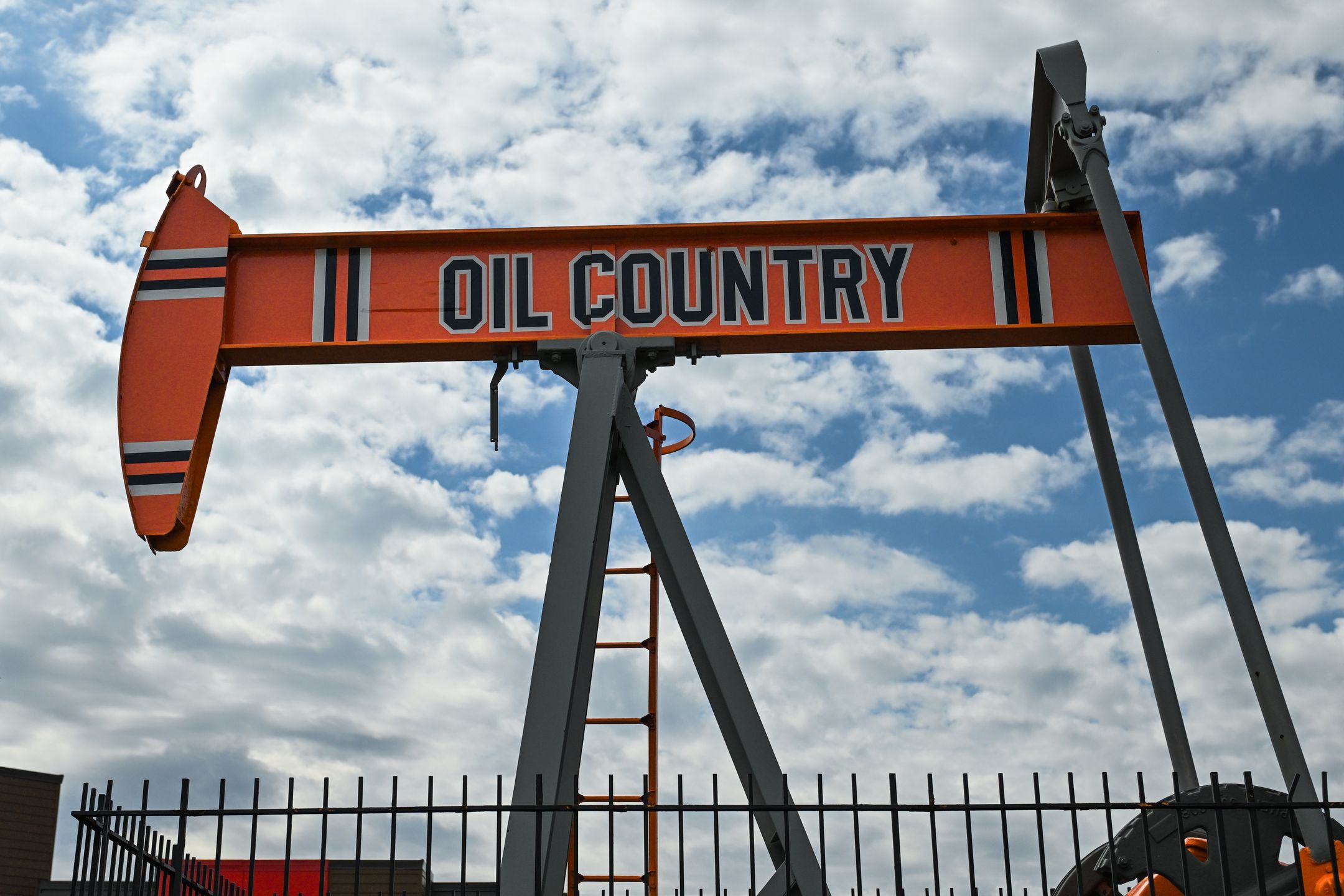 EDMONTON, CANADA, MAY 24:
Close-up of a replica oil with words 'oil Country' well painted in Edmonton Oilers colors, displayed outdoors in Edmonton, Alberta, Canada, on May 24, 2025. (Photo by Artur Widak/NurPhoto via Getty Images)