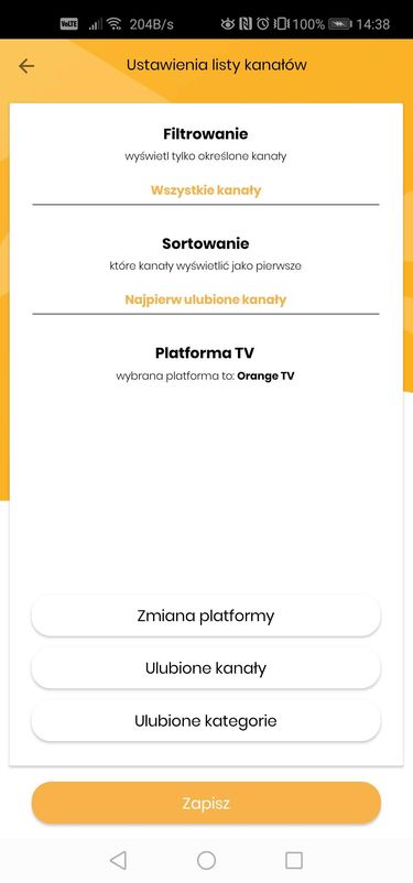 Widok wyboru platformy telewizyjnej, sortowania i filtrowania kanałów w programie