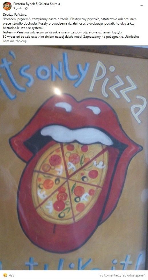 Pizzeria Rynek 5 z Lublina powiadomiła o zakończeniu działalności