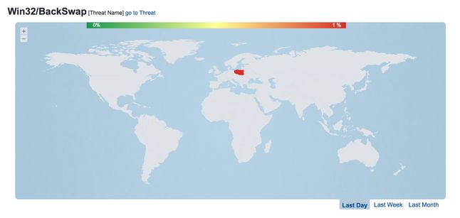 Mapa wystąpowania Win32/BackSwap.A. Jak widać, atak wymierzony jest precyzyjnie w polskich internautów. Źródło: ESET