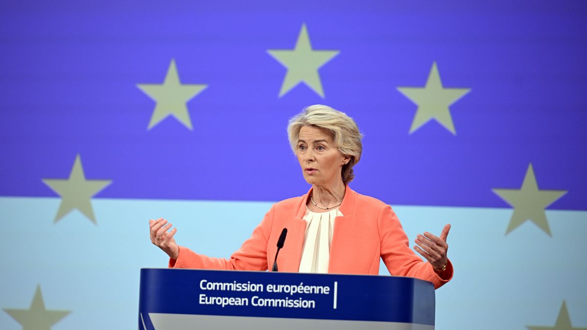 BRUSSELS, BELGIUM - SEPTEMBER 09: President of the European Commission Ursula von der Leyen and Former Prime Minister of Italy, Mario Draghi (not seen) hold a press conference in Brussels, Belgium on September 09, 2024. (Photo by Dursun Aydemir/Anadolu via Getty Images)