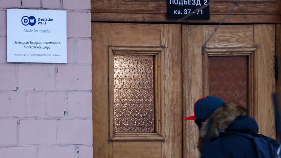 MOSCOW, RUSSIA - FEBRUARY 4, 2022: A view of the entrance to the Moscow office of the German broadcaster Deutsche Welle. The DW Moscow office has received a shutdown notice, press credentials withdrawn. Vladimir Gerdo/TASS (Photo by Vladimir Gerdo\TASS via Getty Images)