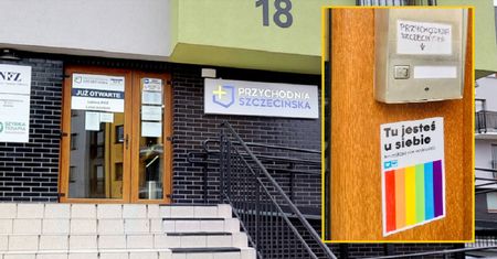 Naklejka na drzwiach przychodni w Szczecinie. Niektórych rozwścieczyła
