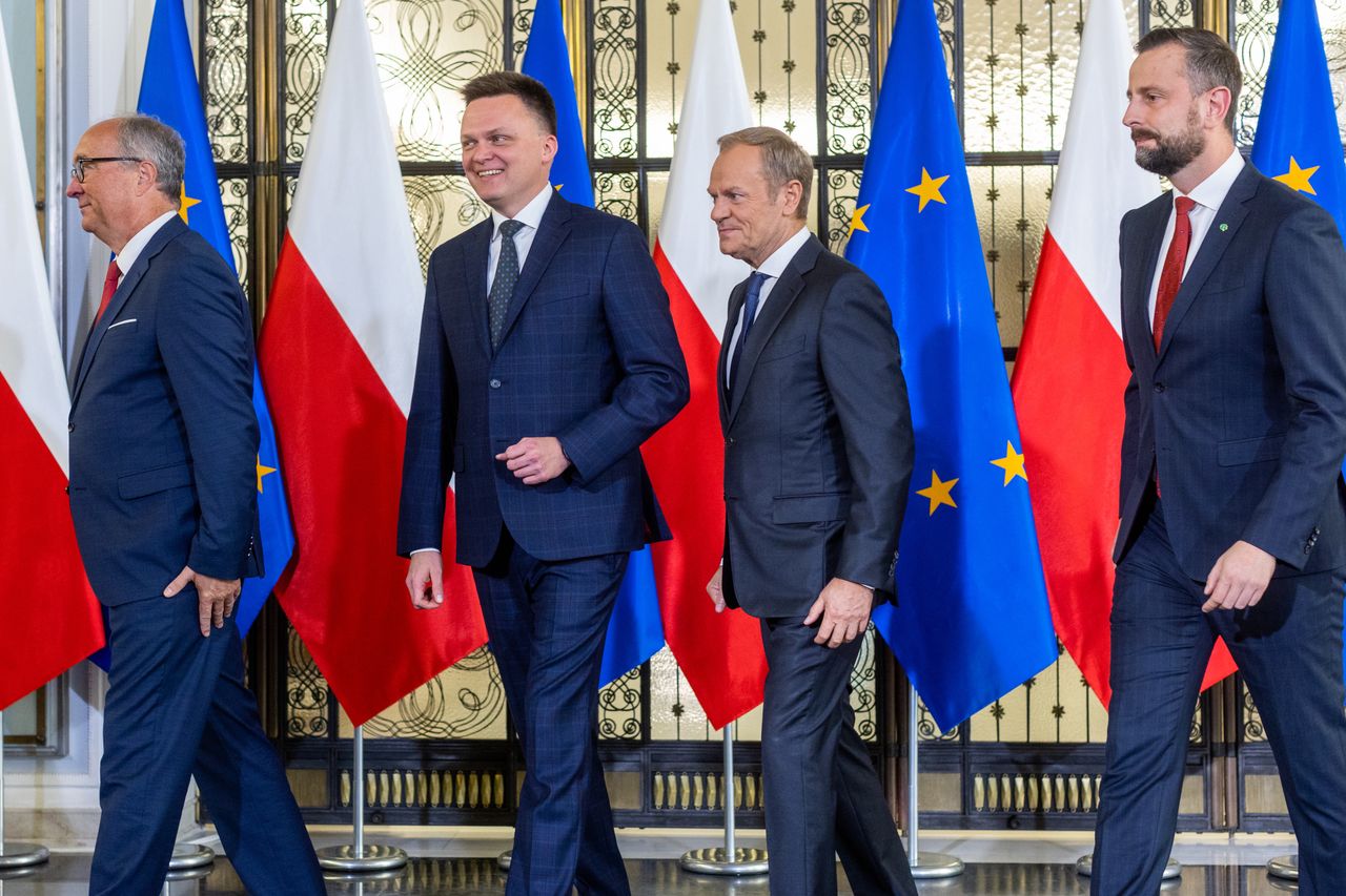 Włodzimierz Czarzasty, Szymon Hołownia, Donald Tusk i Władysław Kosiniak-Kamysz
