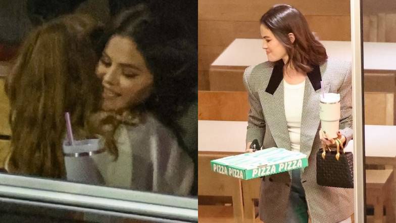 Rozpromieniona Selena Gomez w towarzystwie młodszej siostry maszeruje z kartonikiem pizzy w Beverly Hills