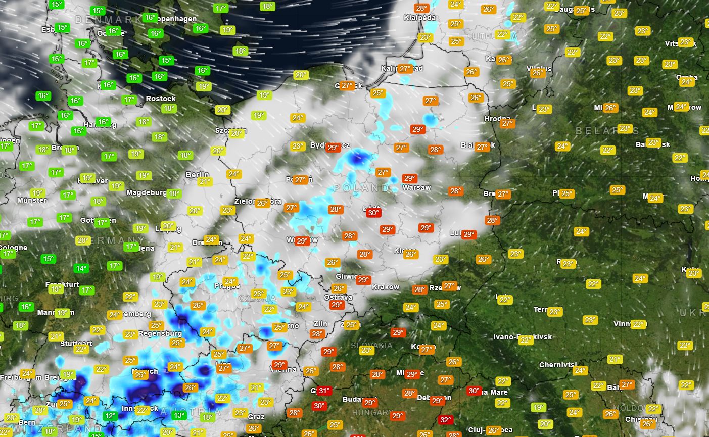 Mapa temperatury, opadów i wiatru