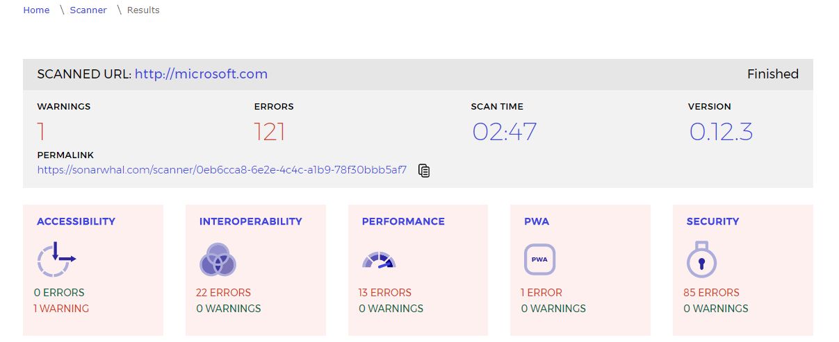 Przykładowe podsumowanie testu witryny Microsoftu.