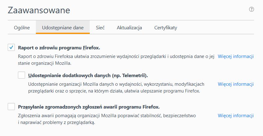 W aktualnym stabilnym wydaniu Firefoksa, telemetria jest domyślnie wyłączona
