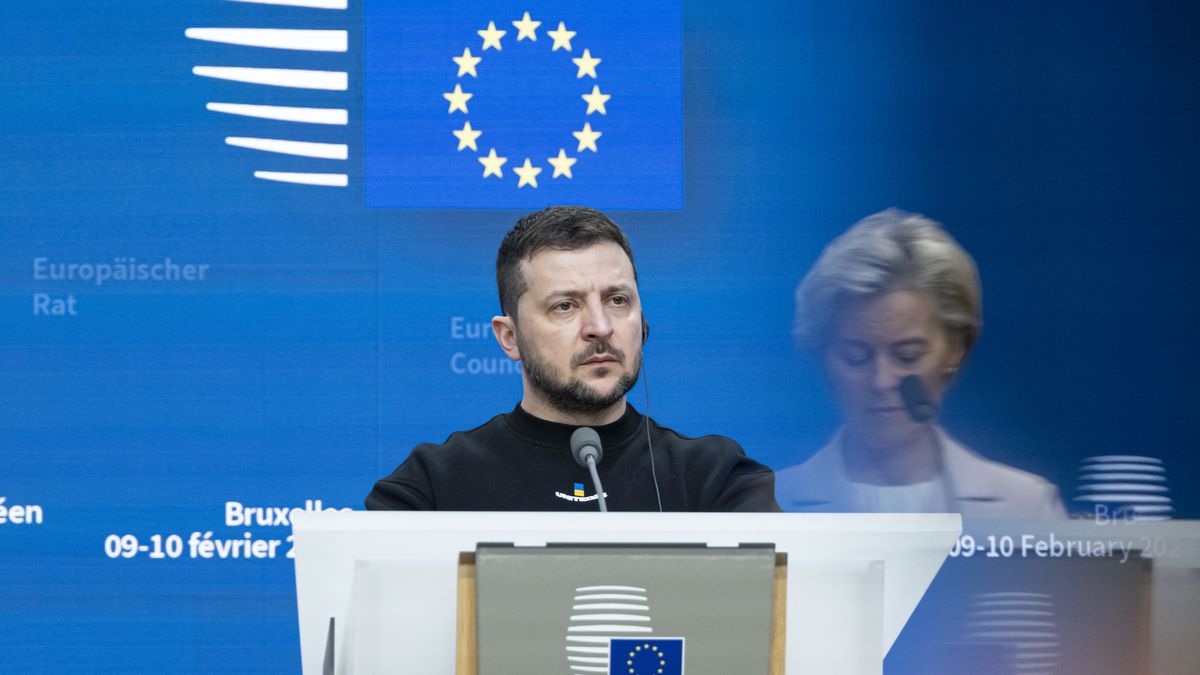 Volodymyr Oleksandrovych Zelenskyy, the President of Ukraine as seen at a joint press conference with Charles Michel, president of the EUCO and Ursula von der Leyen President of the European Commission talking and answering questions of journalists after the meeting with the European Leaders. Ukrainian President Zelenskiy attends the EU Leaders Summit, the European Council at the headquarters in Brussels. Zelensky pleads to the allies to deliver combat fighter jet planes to Ukraine. His presence in Brussels was followed after a short trip in London and Paris. Brussels,  Belgium on February 9, 2023 (Photo by Nicolas Economou/NurPhoto via Getty Images)