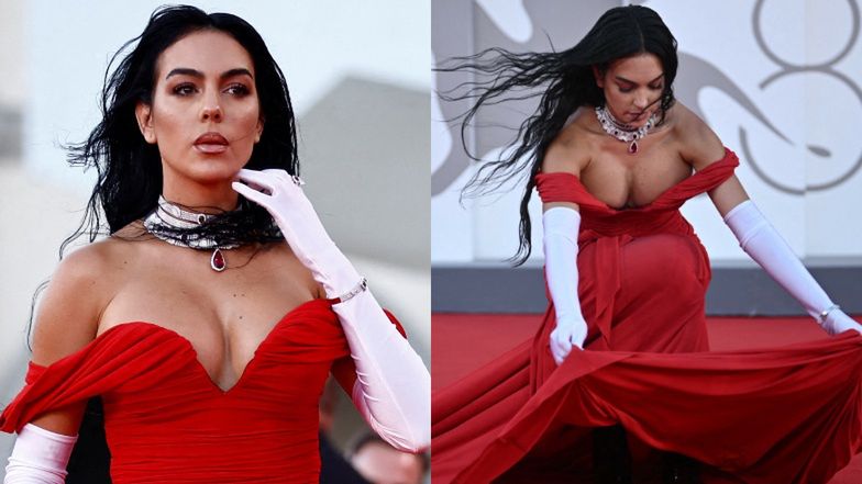 Georgina Rodriguez eksponuje biust i nietypowe obuwie na festiwalu w Wenecji. Suknia sprawiła jej problem (ZDJĘCIA)