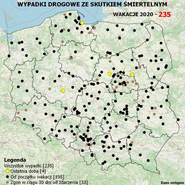 Tak wygląda Mapa Wypadków Drogowych na dzień 3 sierpnia. Niestety robi się na niej coraz "gęściej"