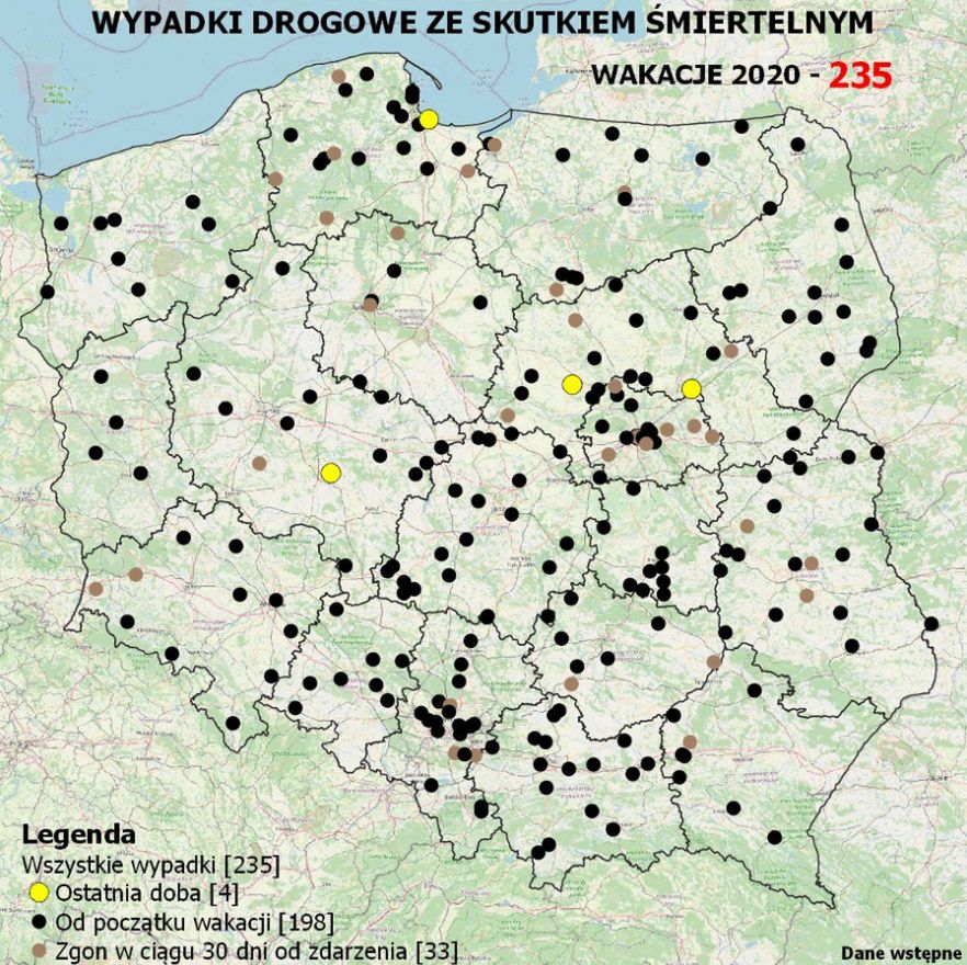 Tak wygląda Mapa Wypadków Drogowych na dzień 3 sierpnia. Niestety robi się na niej coraz "gęściej"