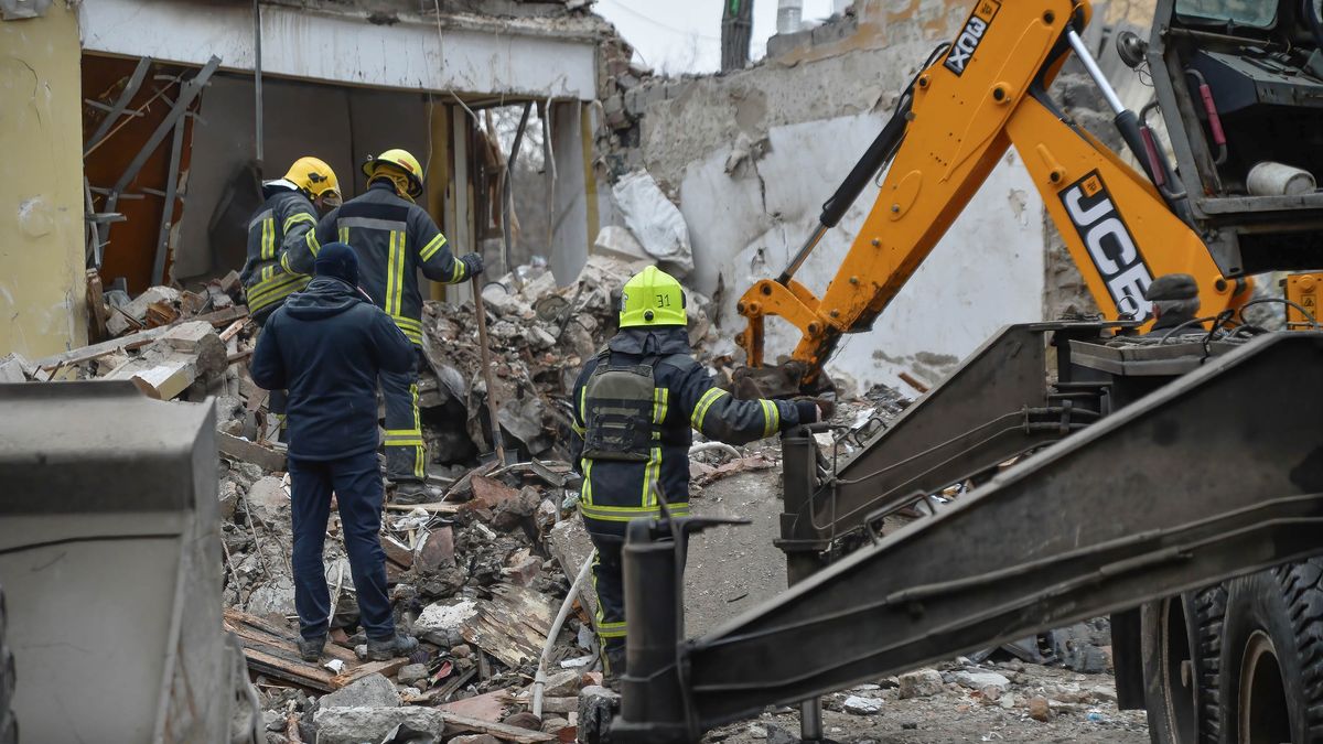 KRAMATORSK, UKRAINE - 2023/02/02: Firefighters work to clear debris after overnight shelling in the city of Kramatorslk. Russian forces continue to attack along the eastern front, shelling in the city has increased. (Photo by Madeleine Kelly/SOPA Images/LightRocket via Getty Images)