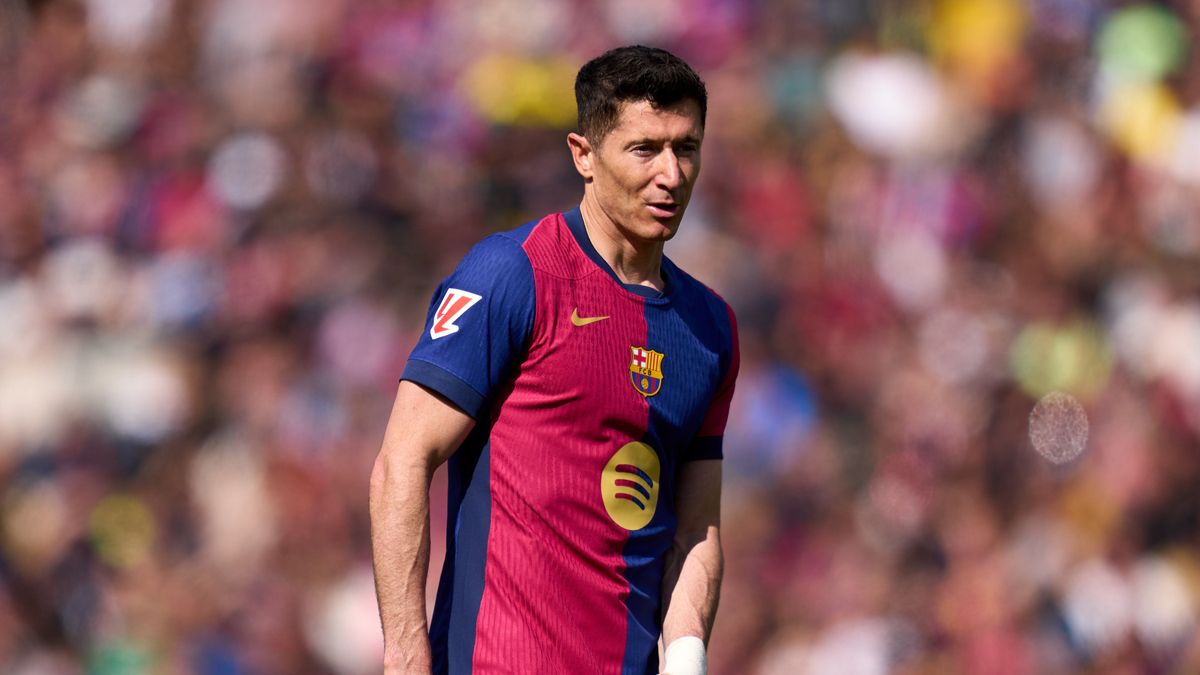 BARCELONA, SPAIN - APRIL 19: Robert Lewandowski of FC Barcelona looks on during the La Liga match between FC Barcelona and RC Celta de Vigo at Estadi Olimpic Lluis Companys on April 19, 2025 in Barcelona, Spain. (Photo by Alex Caparros/Getty Images)