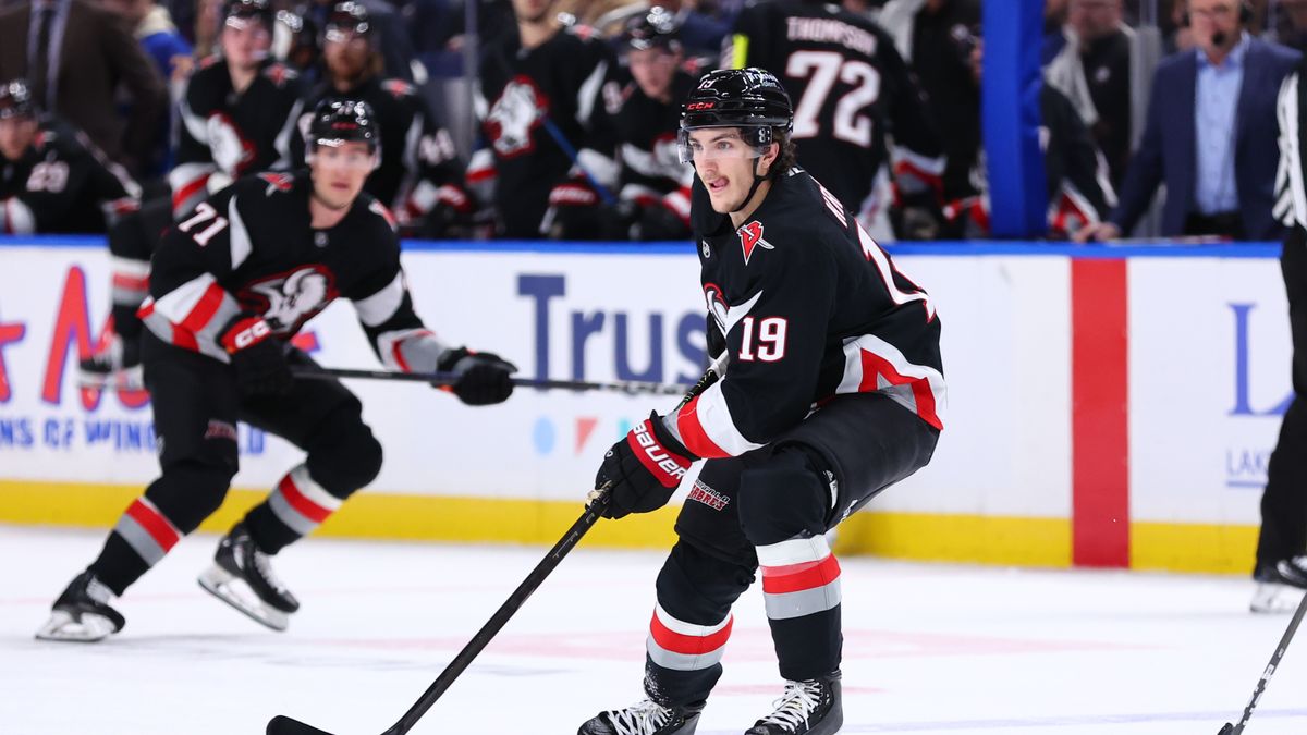 BUFFALO, NEW YORK - DECEMBER 27: Peyton Krebs #19 of the Buffalo Sabres skates against the Boston Bruins during an NHL game on December 27, 2025 at KeyBank Center in Buffalo, New York. (Photo by Bill Wippert/NHLI via Getty Images)