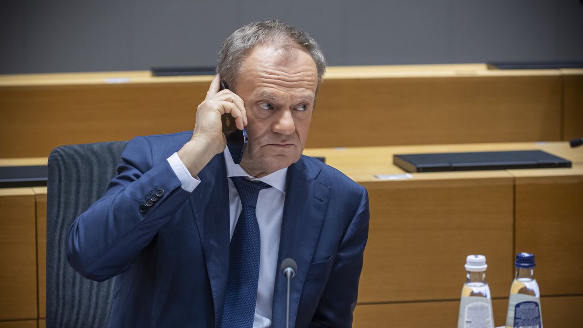 Prime Minister of Poland Donald Tusk checking and talking on his phone before the round table session on the second of the European Council summit at the EU headquarters. Leaders discussed during the meeting Russia's aggression against Ukraine and the Middle East conflict situation while they focused also on security and defense, emphasizing in Europe's need to enhance overall readiness. The bloc discussions span military support for Ukraine, external relations, migration, agriculture, regional conflicts, EU enlargement process. The day marked the celebration for the 30th anniversary of the EEA European Economic Area of the 30 countries participating. Polish PM warned recently that war is a real threat and Europe is in a pre-war era and not ready. EUCO in Brussels, Belgium on March 22, 2024 (Photo by Nicolas Economou/NurPhoto via Getty Images)