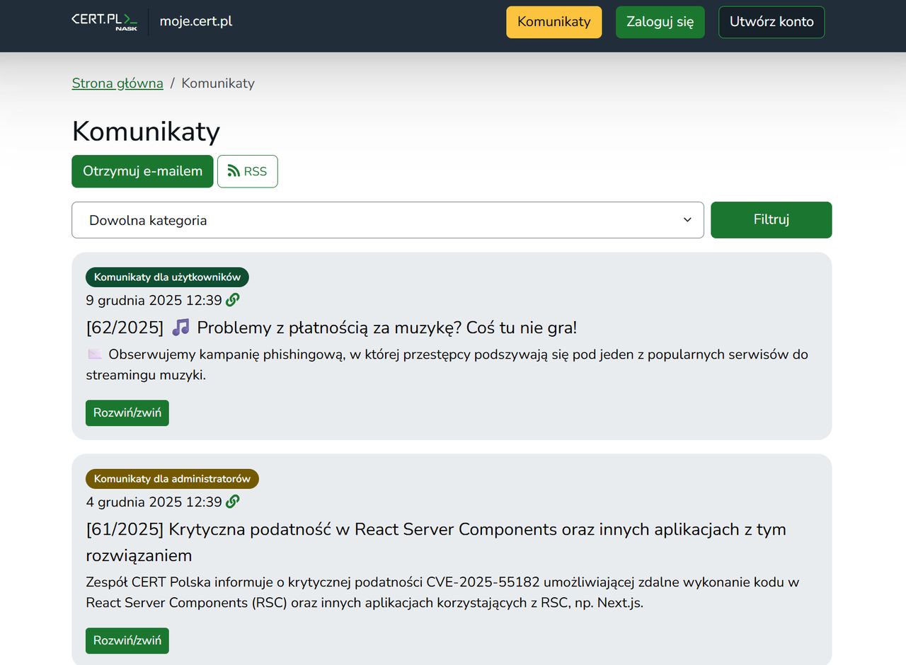 Niektóre odnośniki to tylko przekierowania - np. do CERT Polska