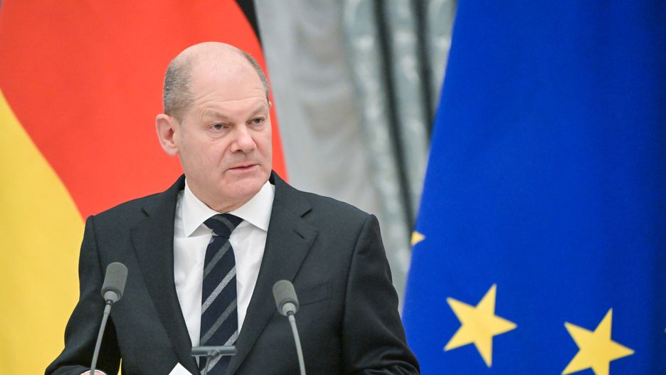 MOSCOW, RUSSIA  FEBRUARY 15, 2022: Germany's Chancellor Olaf Scholz looks on during a joint news conference with Russia's President Vladimir Putin following their talks at the Moscow Kremlin. Sergei Guneyev/POOL/TASS (Photo by Sergei Guneyev\TASS via Getty Images)