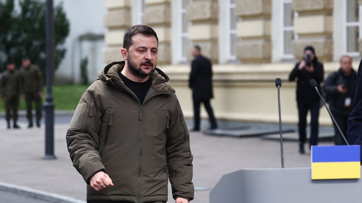 President of Ukraine Volodymyr Zelensky during the press conference in Warsaw, Poland on April 5, 2023. Visit to Poland is the first official international trip made by President of Ukraine since the Russian invasion begun on February 2022. During the trip Zelensky met with President and Prime Minister of Poland as well as with Polish people and Ukrainians that live in Poland. (Photo by Jakub Porzycki/NurPhoto via Getty Images)