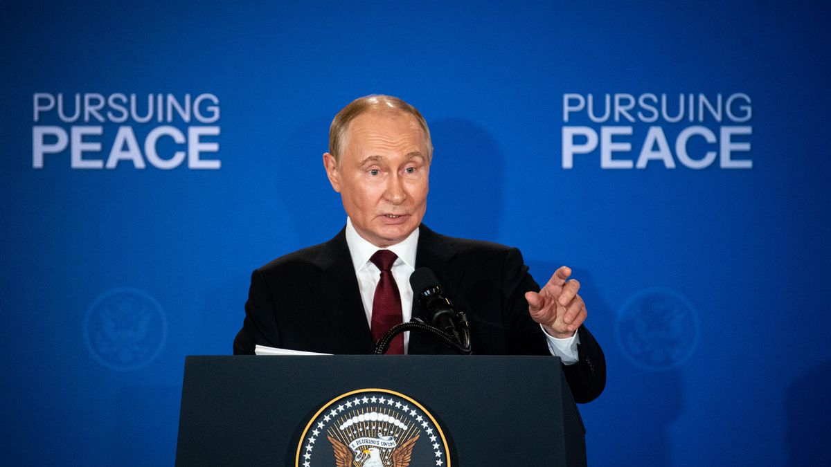 Vladimir Putin, Russia's president, speaks during a joint news conference with US President Donald Trump, not pictured, at Joint Base Elmendorf-Richardson in Anchorage, Alaska, US, on Friday, Aug. 15, 2025. Discussions between President Donald Trump and Russian counterpart Vladimir Putin concluded after more than two-and-a-half hours at their summit in Alaska, marking their longest in-person meeting and offering a sign that by the US leader's own metric the talks have gone well. Photographer: Al Drago/Bloomberg via Getty Images