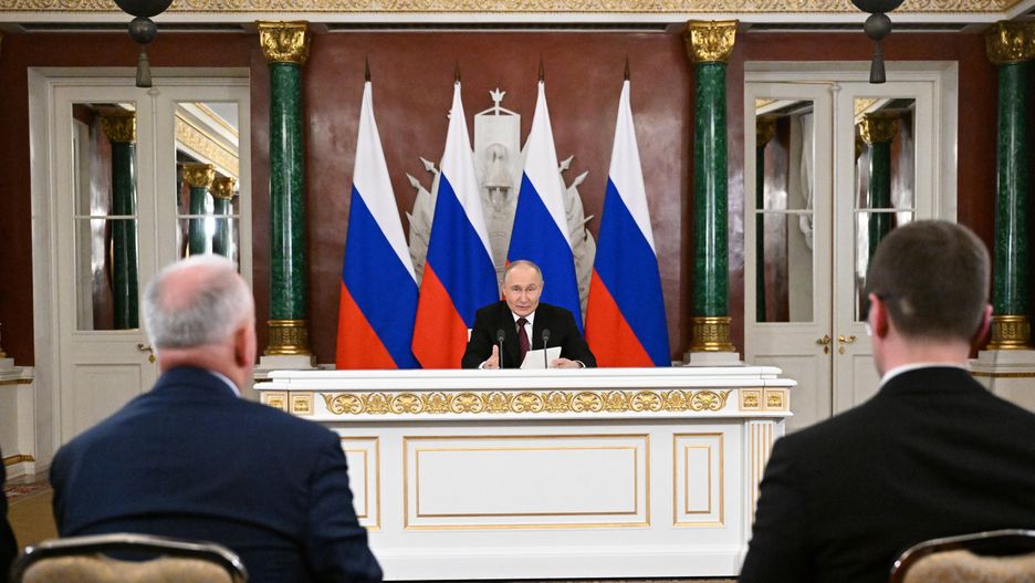 MOSCOW, RUSSIA - MAY 10: (----EDITORIAL USE ONLY - MANDATORY CREDIT - 'SERGEY BOBYLEV / HOST PHOTO AGENCY RIA NOVOSTI / HANDOUT' - NO MARKETING NO ADVERTISING CAMPAIGNS - DISTRIBUTED AS A SERVICE TO CLIENTS----) President of Russia Vladimir Putin makes a speech during a press conference in Moscow, Russia on May 10, 2025. (Photo by Sergey Bobylev / RIA Novosti/Anadolu via Getty Images)