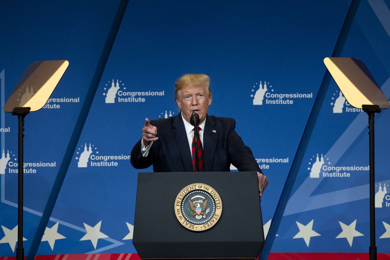 UNITED STATES -  SEPTEMBER 12: President Donald Trump speaks at the 2019 House Republican Conference Member Retreat Dinner in Baltimore on Thursday September 12, 2019. (Photo by Caroline Brehman/CQ-Roll Call, Inc via Getty Images)