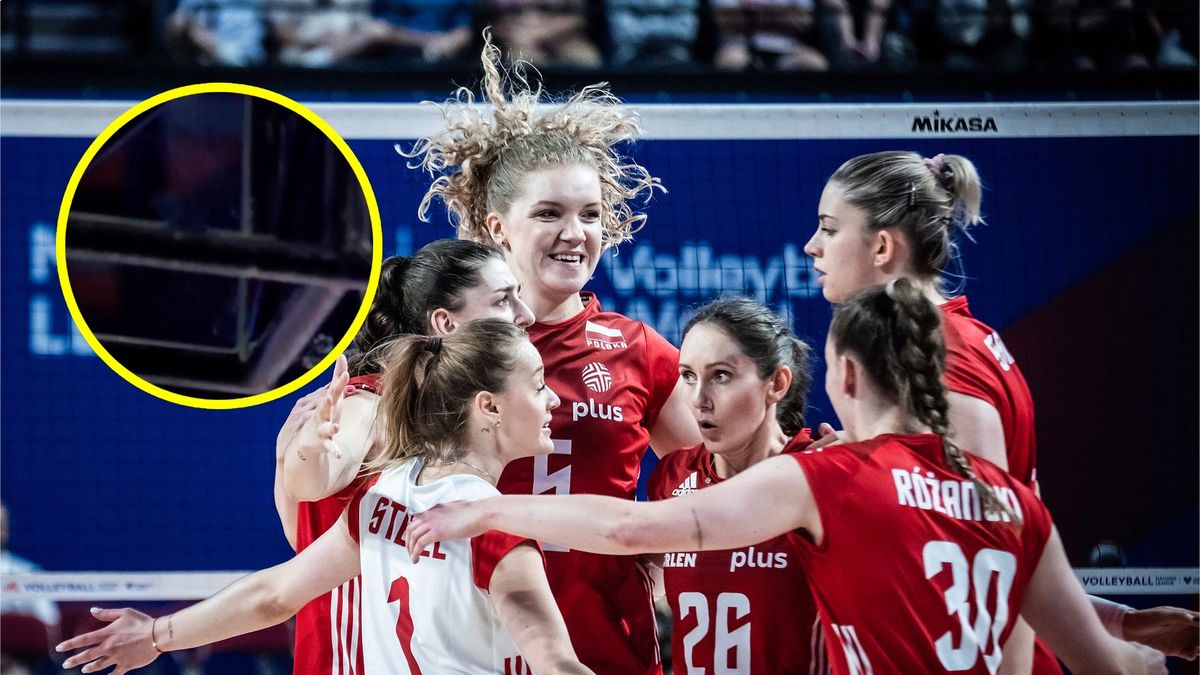 Na dużym zdjęciu: reprezentacja Polski siatkarek (materiały prasowe/FIVB), w kółeczku: awaria oświetlenia (Twitter/Polsat Sport)