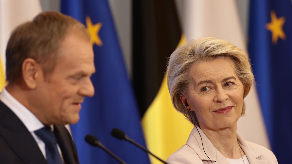 Prime Minister of Poland Donald Tusk and President of the European Commission Ursula von der Leyen during press conference after their meeting in Warsaw, Poland on February 23, 2024. (Photo by Jakub Porzycki/NurPhoto via Getty Images)