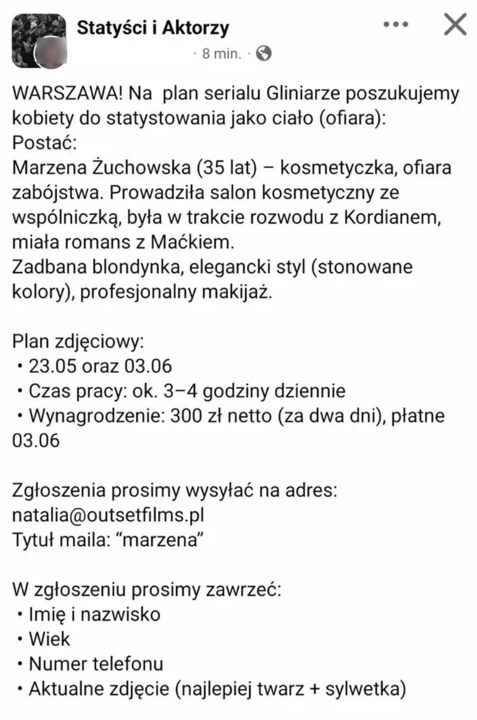 Poszukiwana statystka na plan "Gliniarzy"
