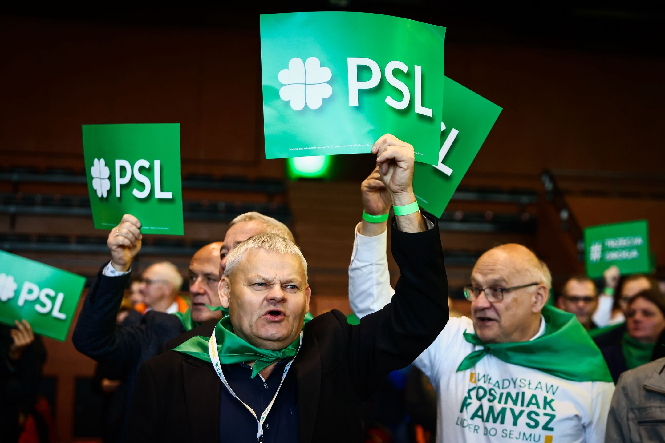 People hold banners during  The Third Way (Trzecia Droga) convention held a week ahead of Polish parliamentary elections. Krakow, Poland on October 7th, 2023. The Third Way is a political alliance formed before the 2023 parliamentary election by centre-right Poland 2050 party led by Szymon Hoownia and Polish People's Party (PSL) lead by Wladyslaw Kosiniak Kamysz.  (Photo by Beata Zawrzel/NurPhoto via Getty Images)