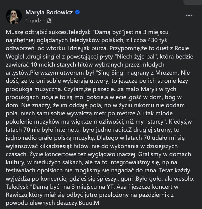 Wpis Maryli Rodowicz na Facebooku