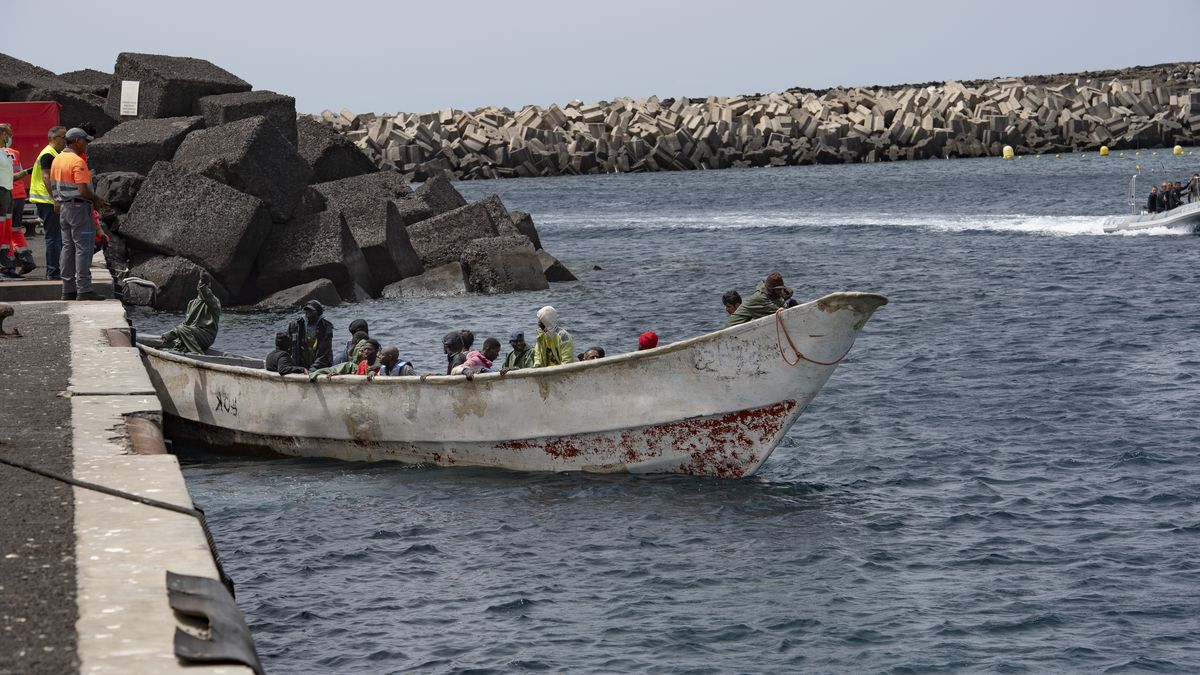 EL HIERRO CANARY ISLANDS, SPAIN - SEPTEMBER 14: A cayuco arriving at the port of La Restinga, on 14 September, 2024 in El Hierro, Canary Islands, Spain. This is the second boat arriving today to the island of El Hierro. It had 28 immigrants of sub-Saharan origin, among the occupants were 23 adult males, 4 adult females and a minor. They were rescued by the Salvamar "Adhara" and the migrants will be transferred to the Centro de Atencion Temporal de Extranjeros (CATE) of San Andres to continue with the corresponding procedures. (Photo By Antonio Sempere/Europa Press via Getty Images)