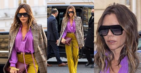 Wystrojona Victoria Beckham w oliwkowych spodniach własnego projektu za 2,5 tysiąca zadaje szyku w Paryżu (ZDJĘCIA)