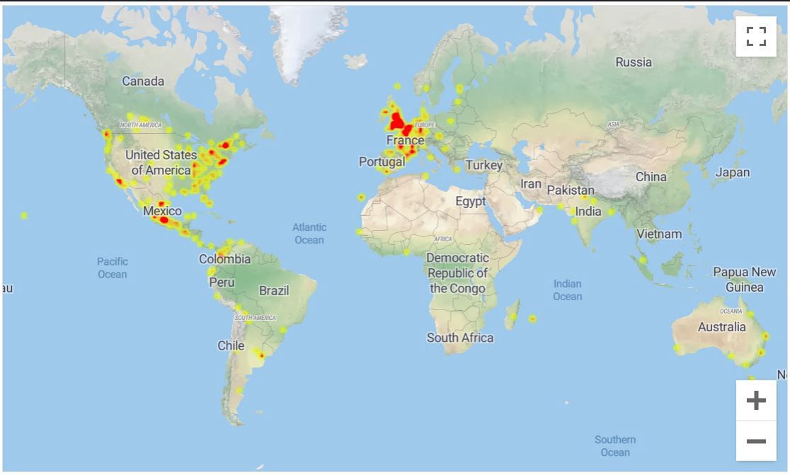 Awaria Facebooka - mapa