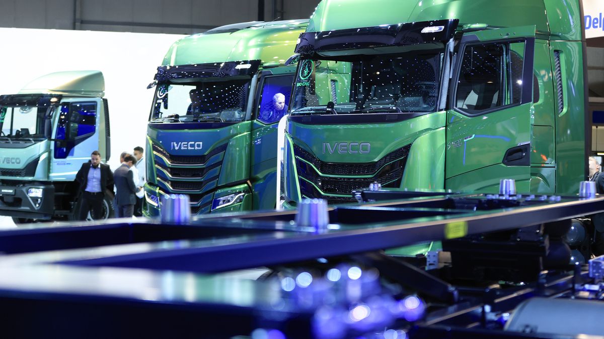 Trucks on the Iveco Group NV booth at the IAA Transportation fair in Hannover, Germany, on Monday, Sept. 16, 2024. The commercial vehicle exhibition runs until Sept. 22. Photographer: Krisztian Bocsi/Bloomberg via Getty Images