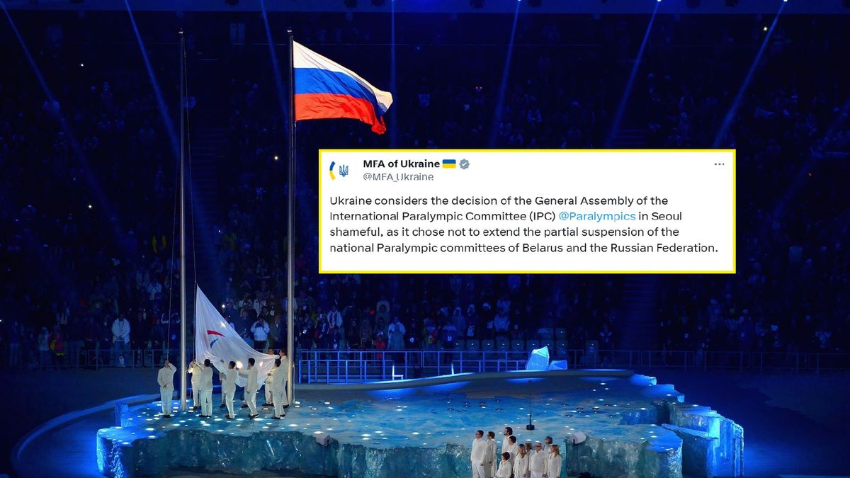 Getty Images / Dennis Grombkowski / x.com/MFA_Ukraine  / Na zdjęciu: flaga Rosji na igrzyskach paralimpijskich w 2014 r., na małym zdjęciu: komunikat MSZ Ukrainy