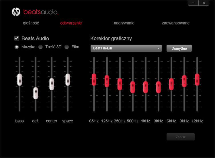 Ustawienia odtwarzania - panel Beats Audio